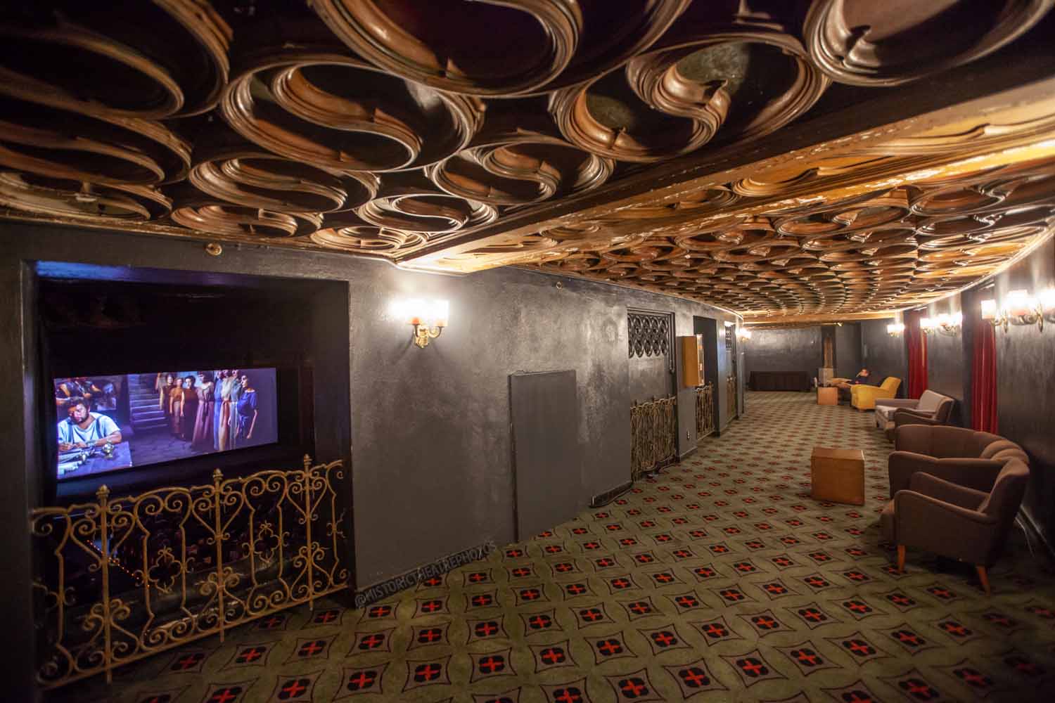 The United Theater on Broadway, Los Angeles: Mezzanine Corridor with Movie Screening