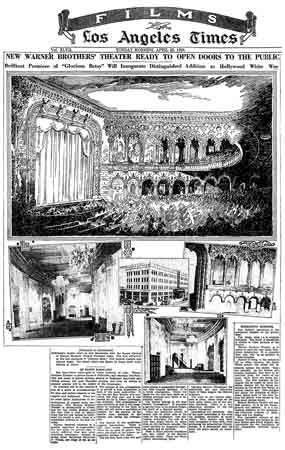 News of the theatre’s imminent opening, as printed in the 22nd April 1928 edition of the <i>Los Angeles Times</i> (770KB PDF)