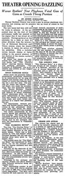 Review of the theatre’s opening night, as printed in the 28th April 1928 edition of the <i>Los Angeles Times</i> (730KB PDF)