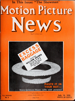 “Motion Picture News” (July 1928), held by the Museum of Modern Art Library, New York, and scanned/published online by the Internet Archive (3 pages, 1.5MB PDF)