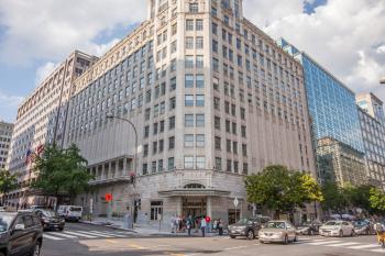 Warner Theatre, Washington D.C., Washington DC: Southwest façade (the rear of stagehouse is the blank section of wall on the right)