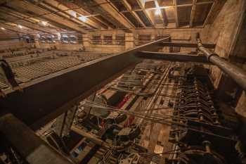 Wilshire Ebell Theatre, Los Angeles, Los Angeles: Greater Metropolitan Area: Hemp and Counterweight Headblocks at Stage Right, note muling of upstage counterweight sets